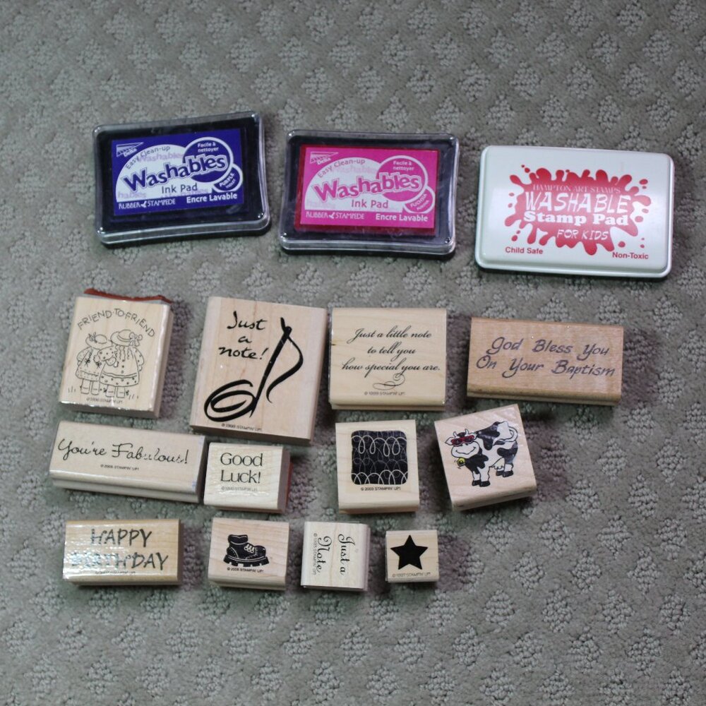 12 Stamps Stampin' Up Varied Theme Wood Mounted Stamps & 3 Washable Inks